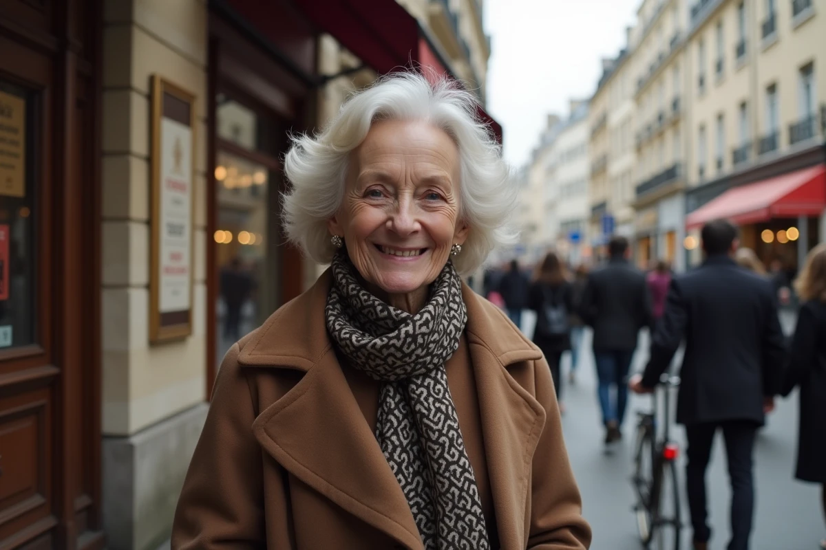Actrice francaise souriante dans une rue parisienne