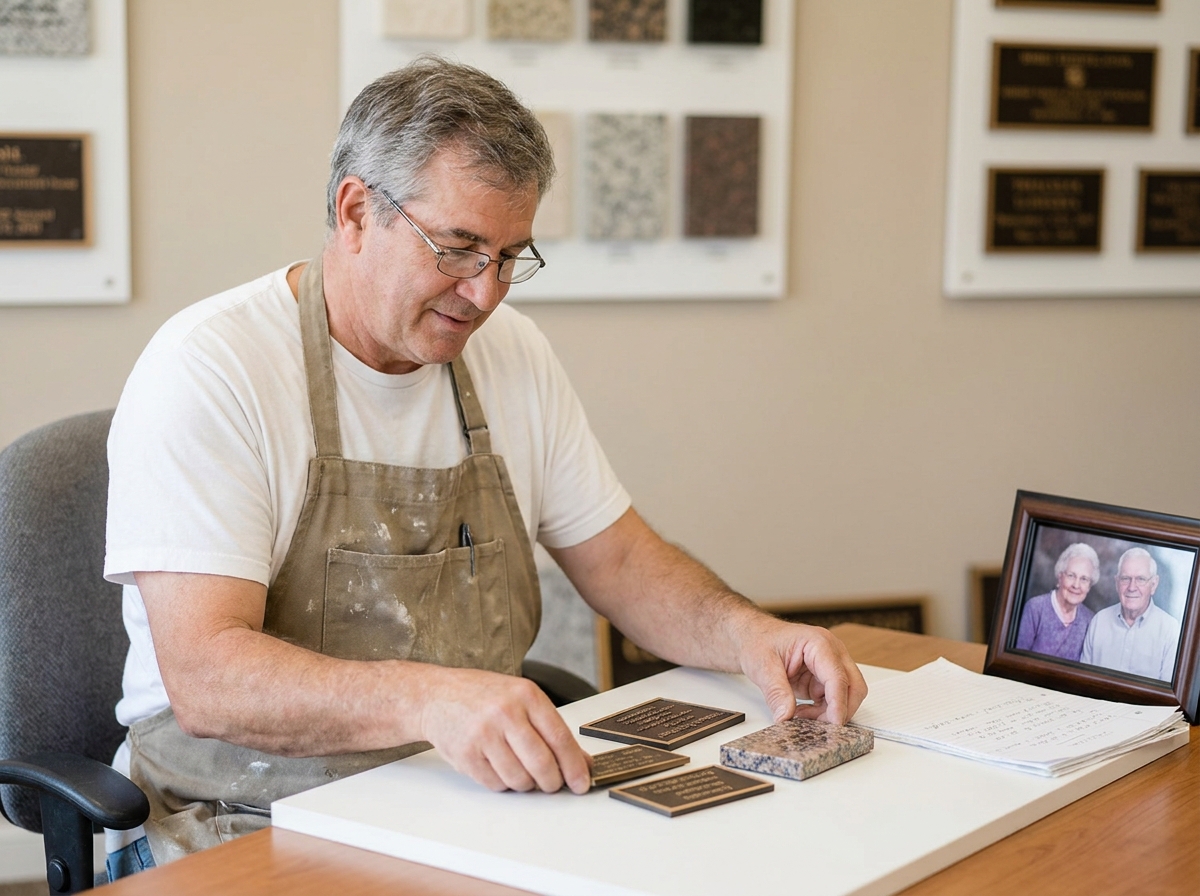 Artisan marbrier présentant des échantillons de plaques funéraires en bronze et granit sur un bureau de showroom lors d'une consultation