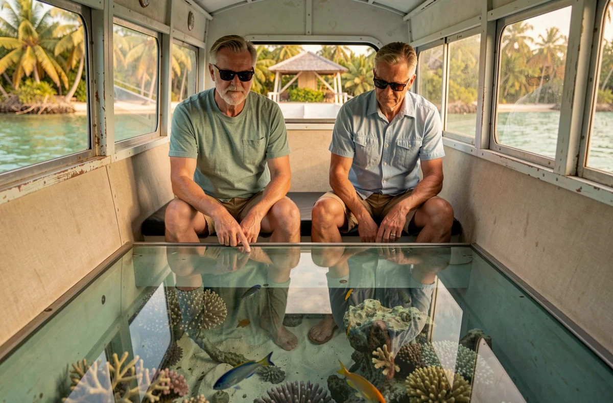Deux hommes observant le fond marin à travers le plancher en verre d'un bateau à fond transparent dans un lagon tropical