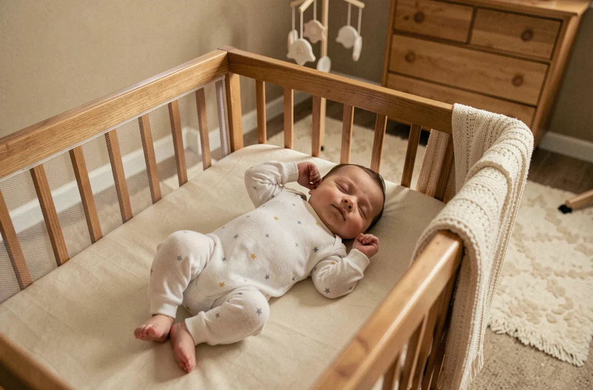 Bébé dormant paisiblement seul dans son berceau en bois dans une chambre cosy aux tons beiges
