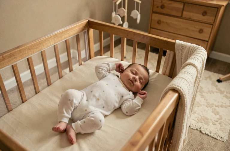 Bébé dormant paisiblement seul dans son berceau en bois dans une chambre cosy aux tons beiges