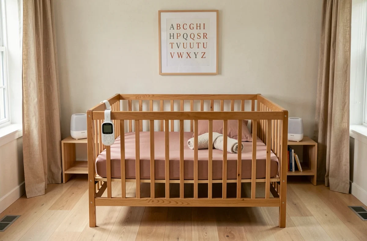 Chambre de bébé bien aménagée avec un lit à barreaux en bois, moniteur et machine à bruit blanc pour un sommeil sécurisé