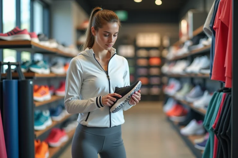 Femme choisissant des chaussures de running dans un magasin de sport bien organisé, examinant attentivement l'équipement sportif adapté à sa discipline