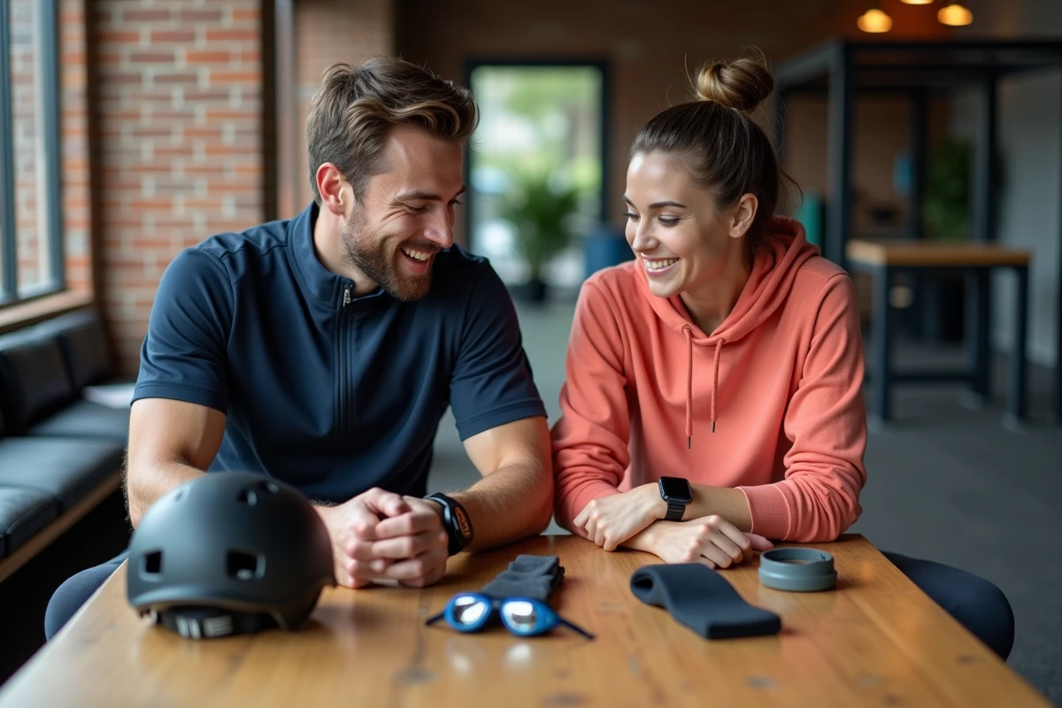 Deux sportifs comparant et sélectionnant différents équipements sportifs multidisciplinaires dans un espace lounge de salle de sport moderne