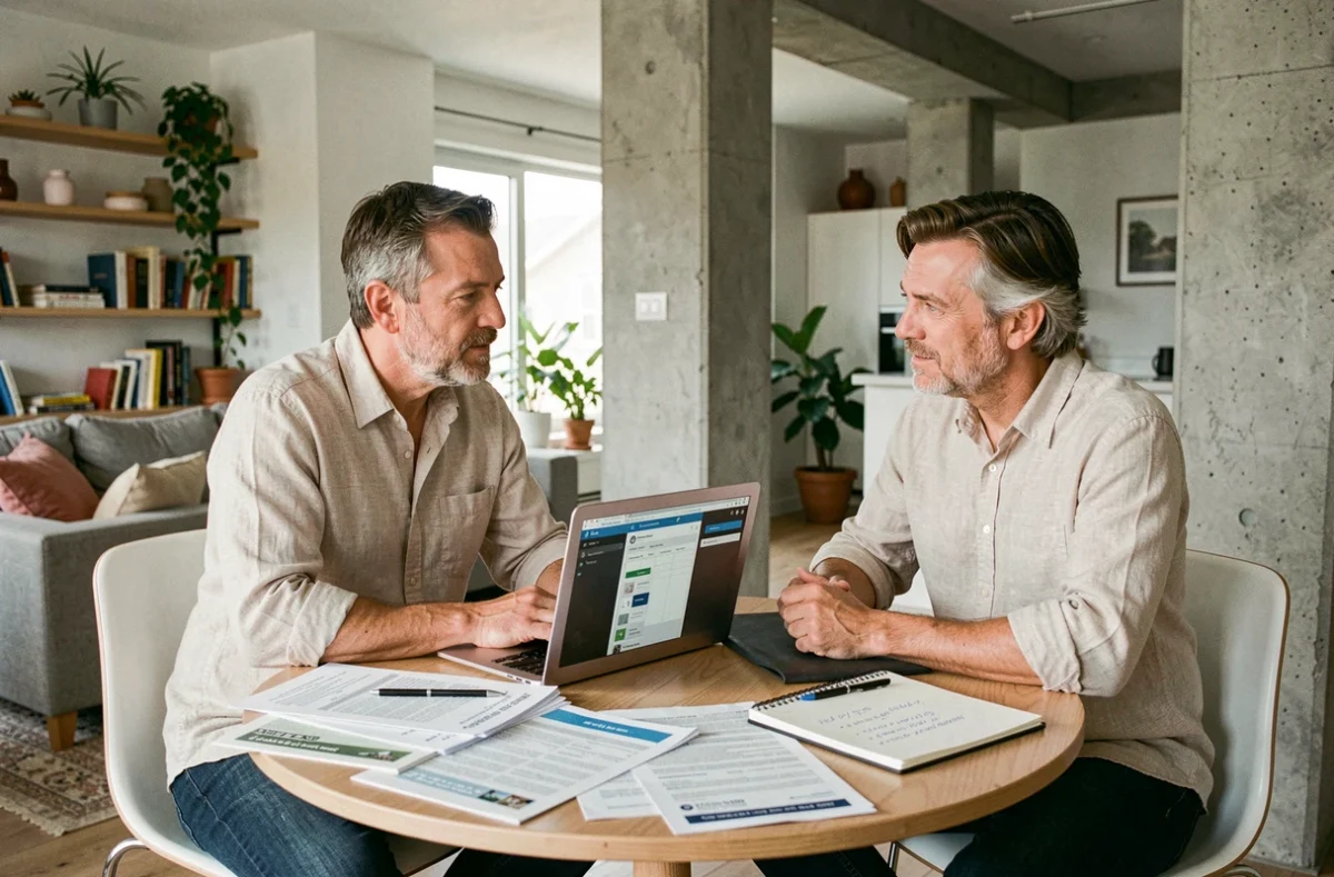 Un couple étudie des annonces immobilières et un tableau de bord d'investissement sur un ordinateur portable à leur domicile