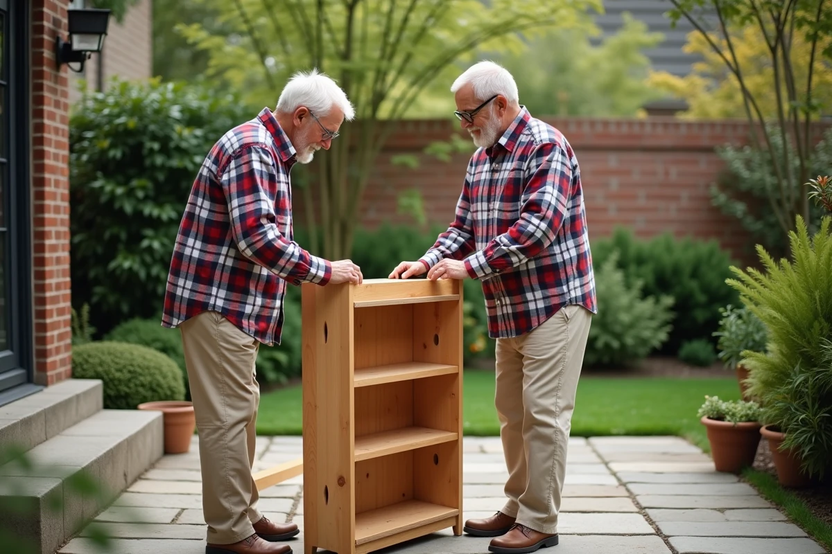 Couple retire un meuble en bois dans leur jardin
