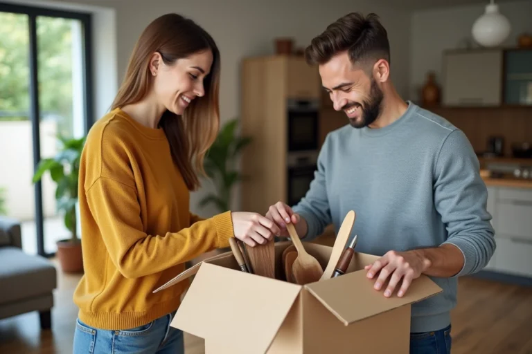 Jeune couple souriant en cuisine en train d'organiser des ustensiles