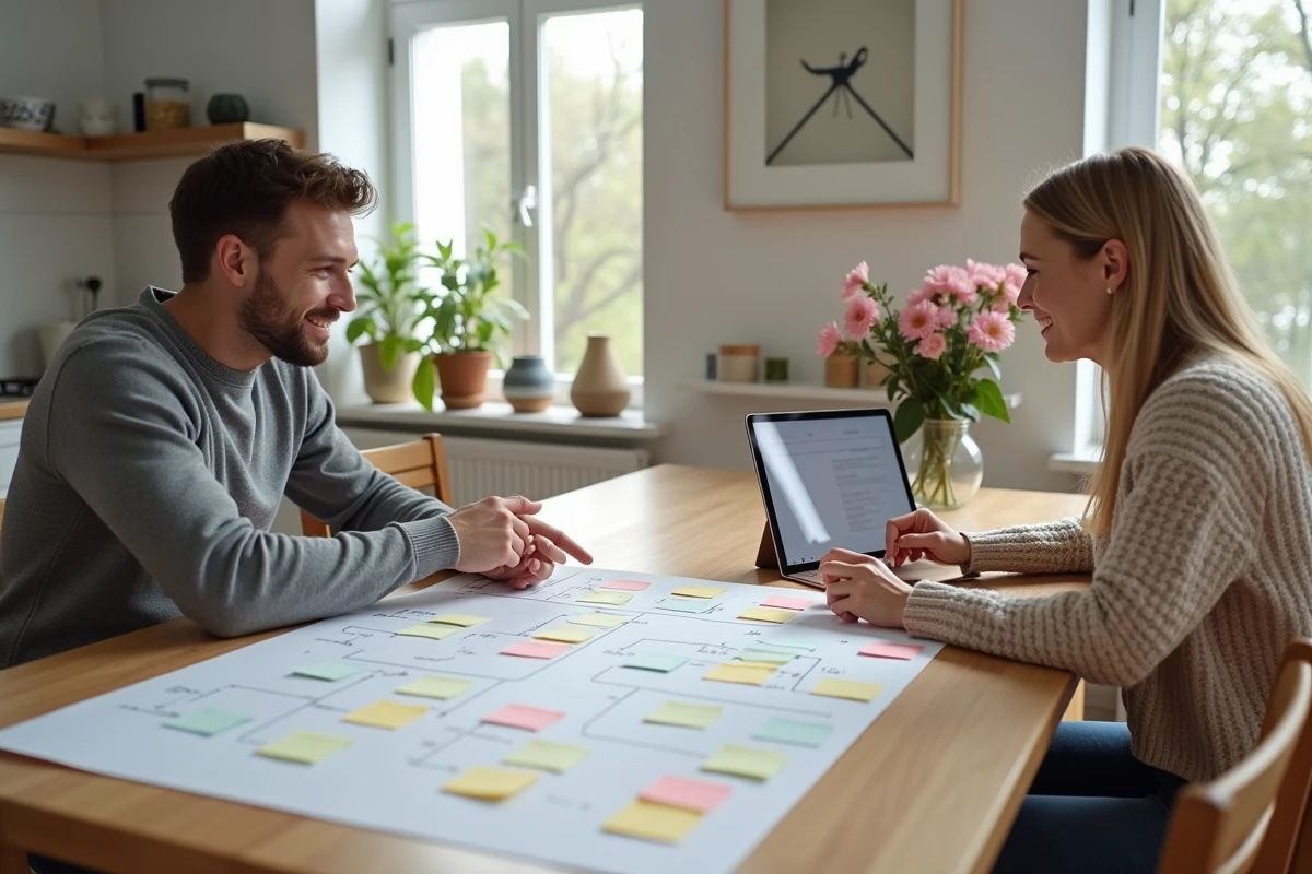 Couple organisant leur mariage ensemble autour d'un sitemap imprimé et d'une tablette numérique sur une table à manger moderne