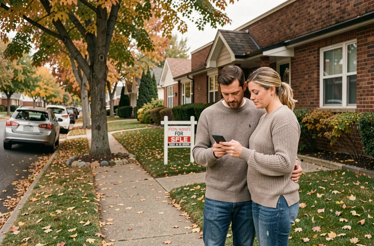 Couple consultant le prix de vente d'une maison à vendre dans un quartier résidentiel