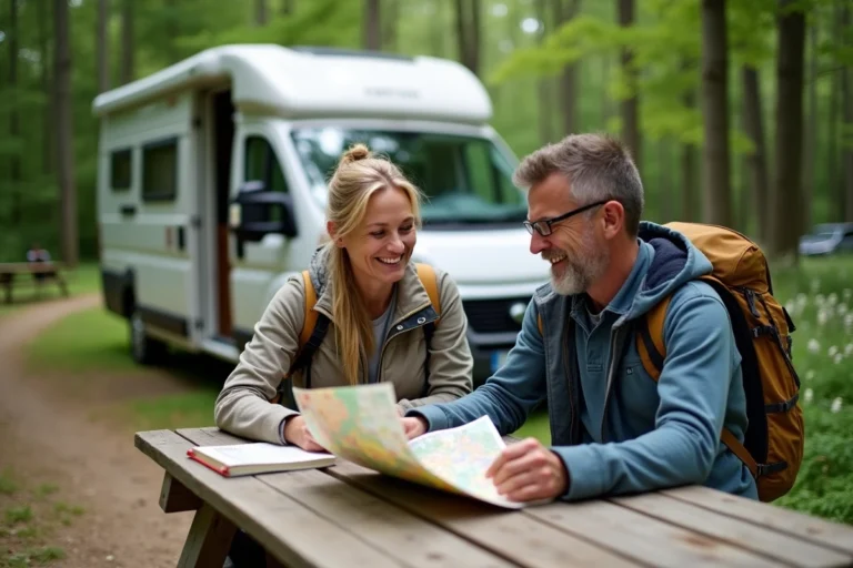 Couple français en randonnée avec van dans la forêt
