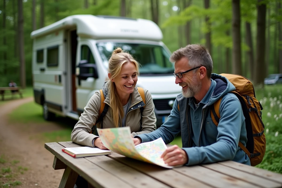 Couple français en randonnée avec van dans la forêt