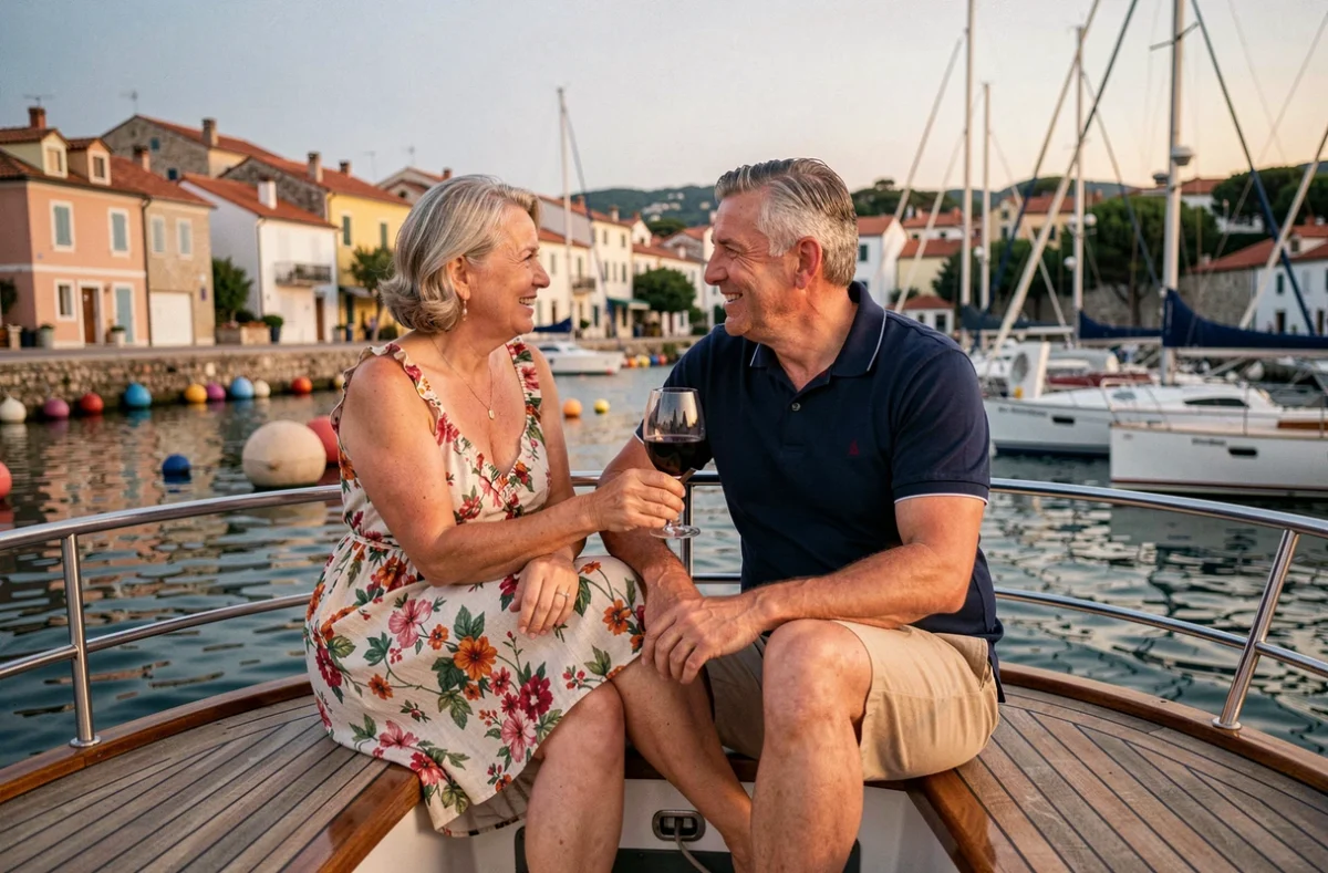 Couple de cinquantenaires dégustant un verre de vin sur le pont arrière d'un yacht en bois dans un port méditerranéen au crépuscule