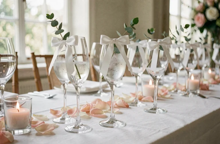 Verres de mariage décorés avec des rubans blancs et de l'eucalyptus sur une table de réception élégante