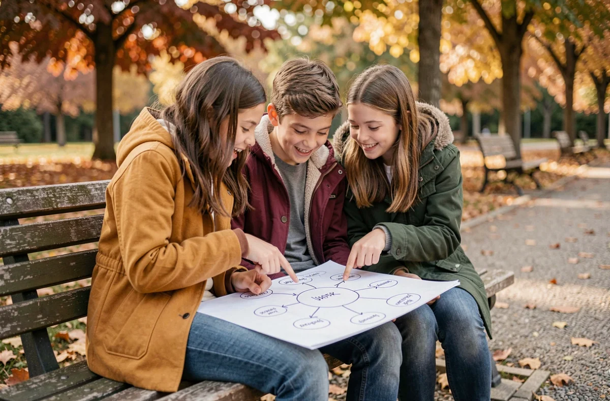 Trois jeunes adolescents collaborent sur un projet d'avenir commun dans un parc aux couleurs d'automne