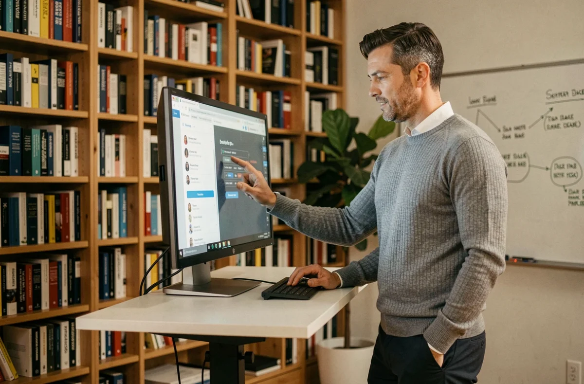 Entrepreneur travaillant depuis son bureau à domicile sur une plateforme de réseau professionnel en ligne pour développer son activité