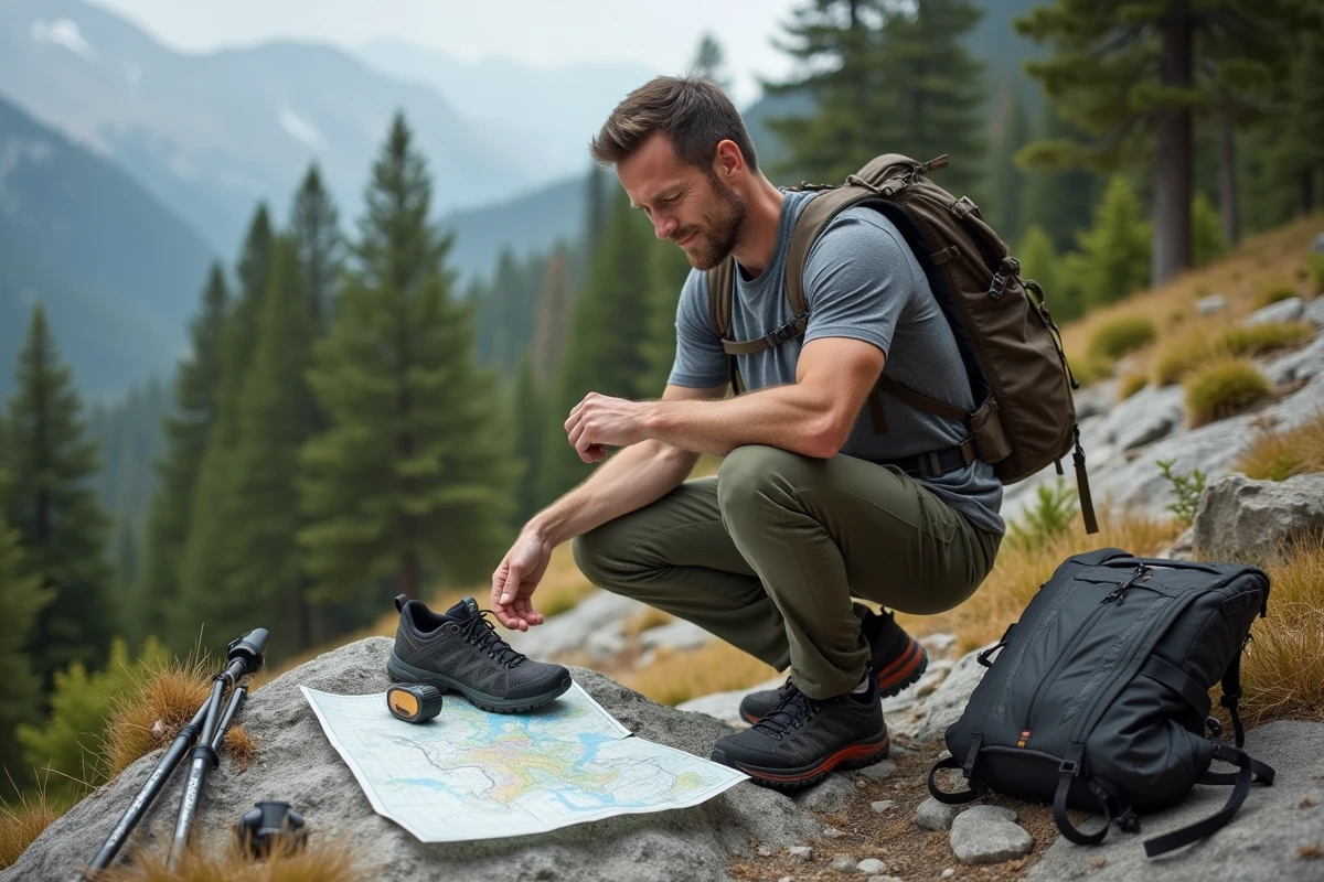 Randonneur expérimenté évaluant son équipement de trail en pleine montagne, avec chaussures, sac à dos et bâtons de marche disposés sur un rocher