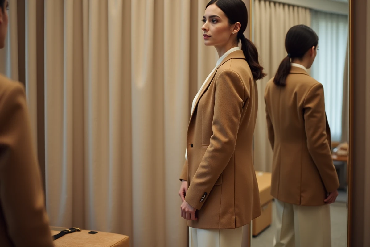 Femme essayant un blazer Zara en cabine d'essayage pour vérifier l'ajustement de la taille
