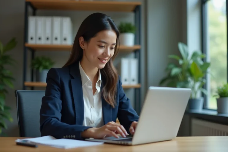 Femme professionnelle organise ses emails sur son ordinateur