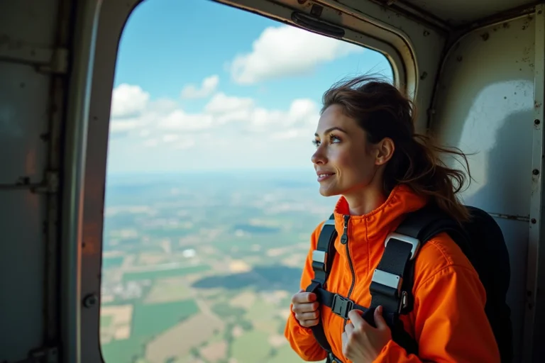 Femme en combinaison de parachutisme prête à sauter depuis un avion avec vue sur les champs en contrebas