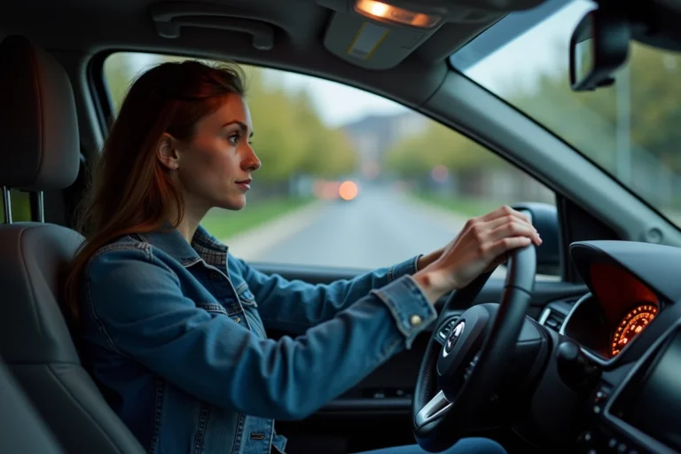 Femme en denim dans voiture regardant le tableau de bord