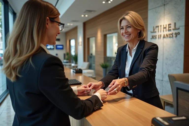 Femme en blazer échangeant des pièces à la banque