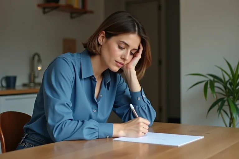 Femme en train de réécrire une enveloppe dans un intérieur cosy