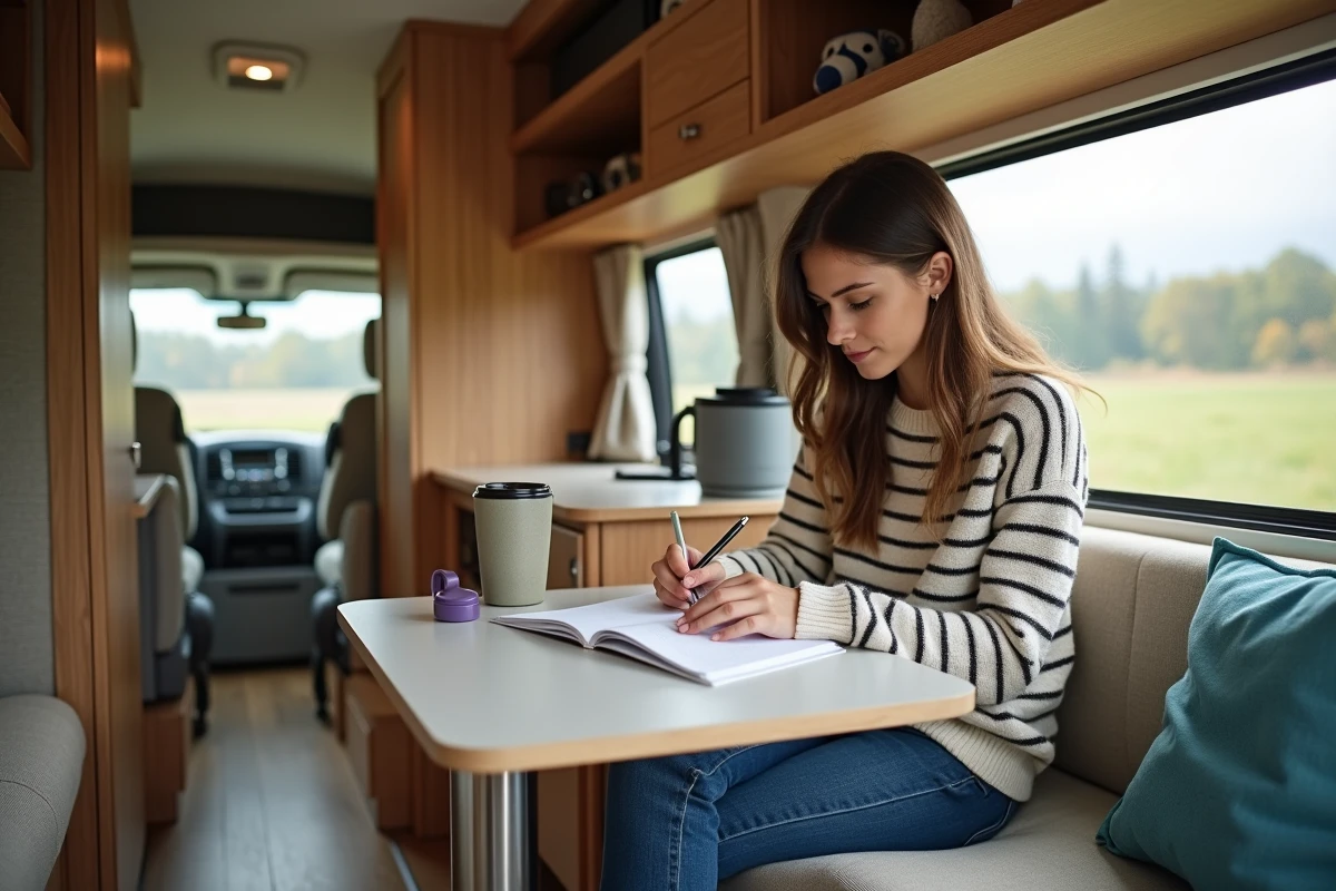 Jeune femme écrivant dans un planner dans le van