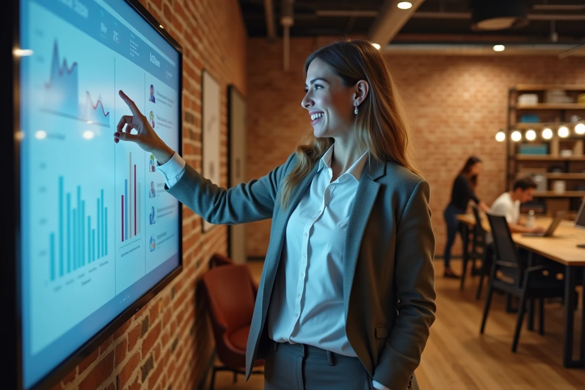 Jeune femme entrepreneure pointant un tableau digital dans un espace de coworking