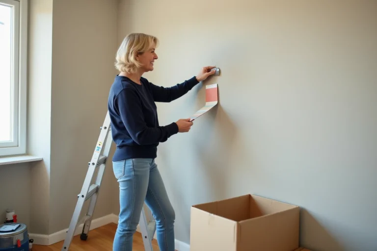 Femme examine des échantillons de peinture dans un salon