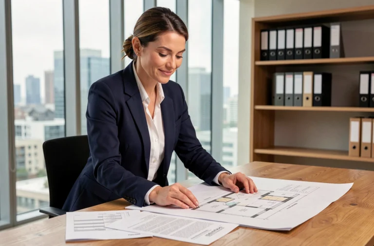Une femme professionnelle analyse des documents immobiliers et des plans architecturaux dans un bureau moderne en 2024