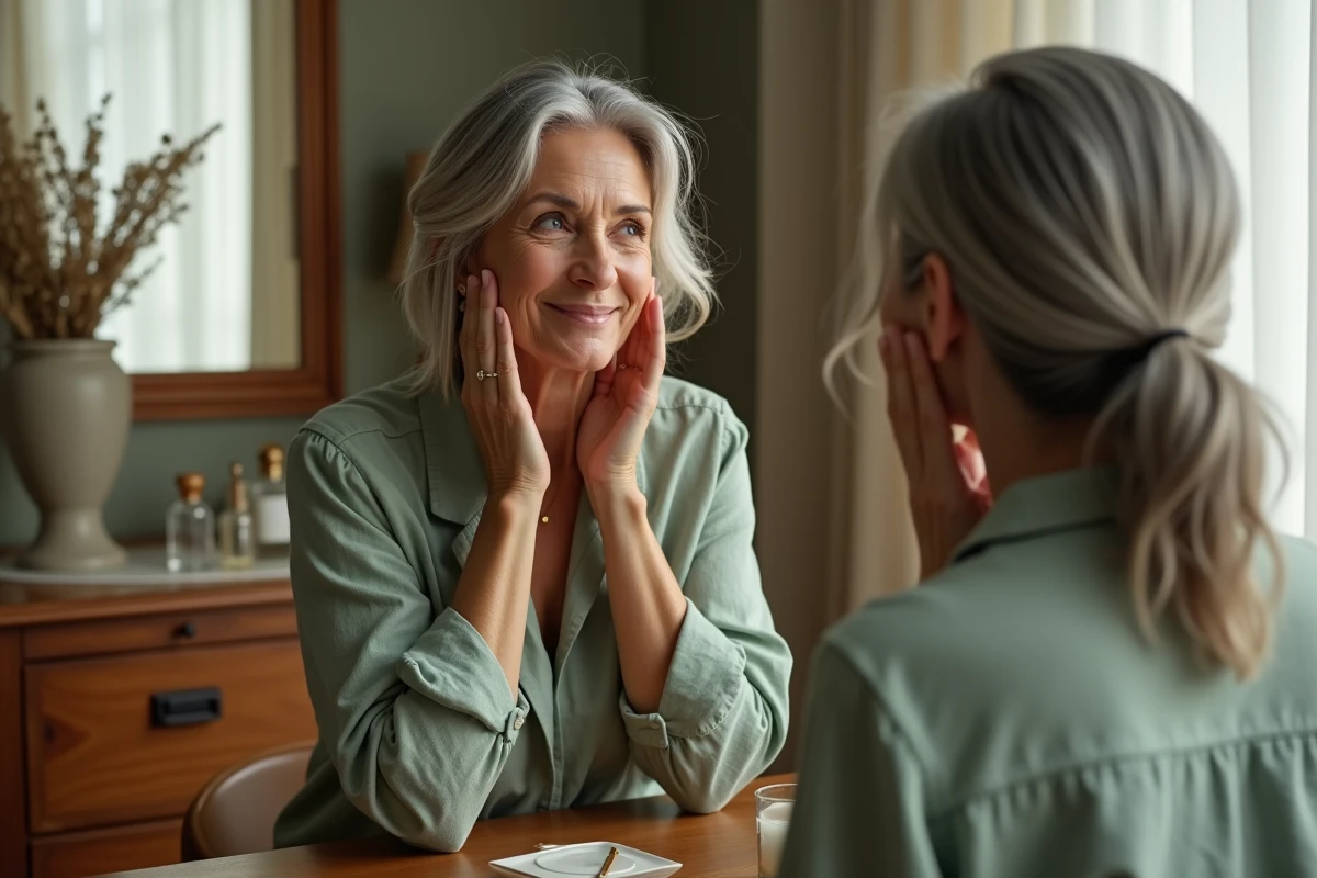 Femme mature appliquant une crème hydratante devant son miroir avec une expression sereine, mettant en valeur sa beauté naturelle