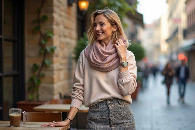Femme élégante en jupe midi et écharpe dans un café urbain