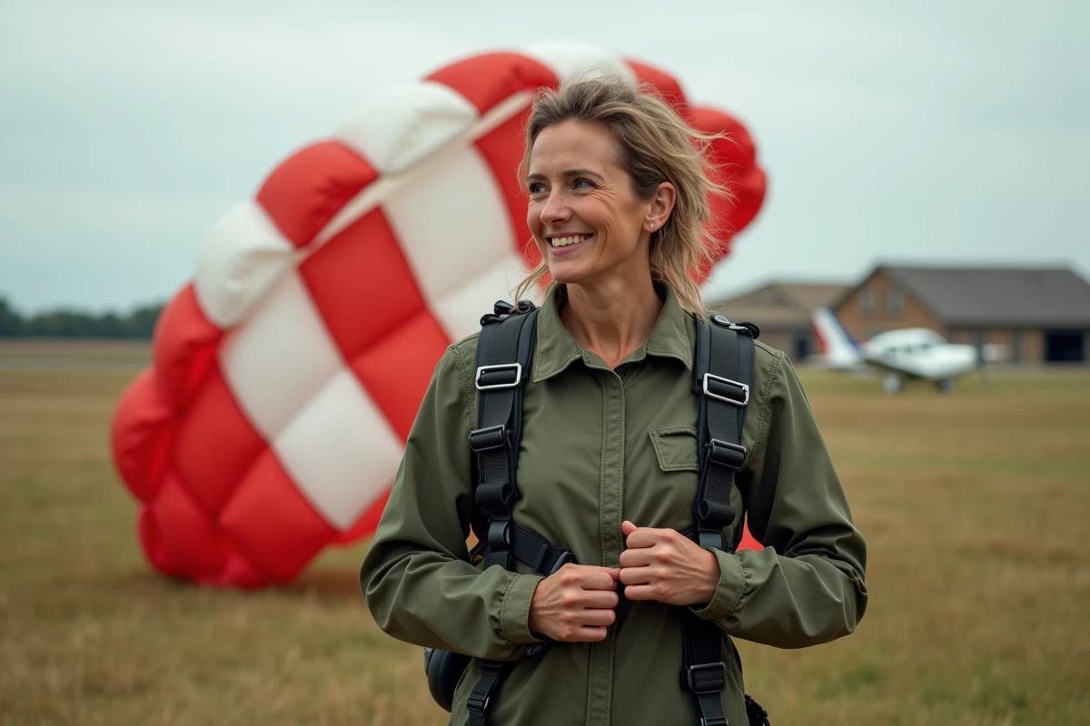 Femme parachutiste atterrissant dans un champ herbeux en détachant son harnais après un saut
