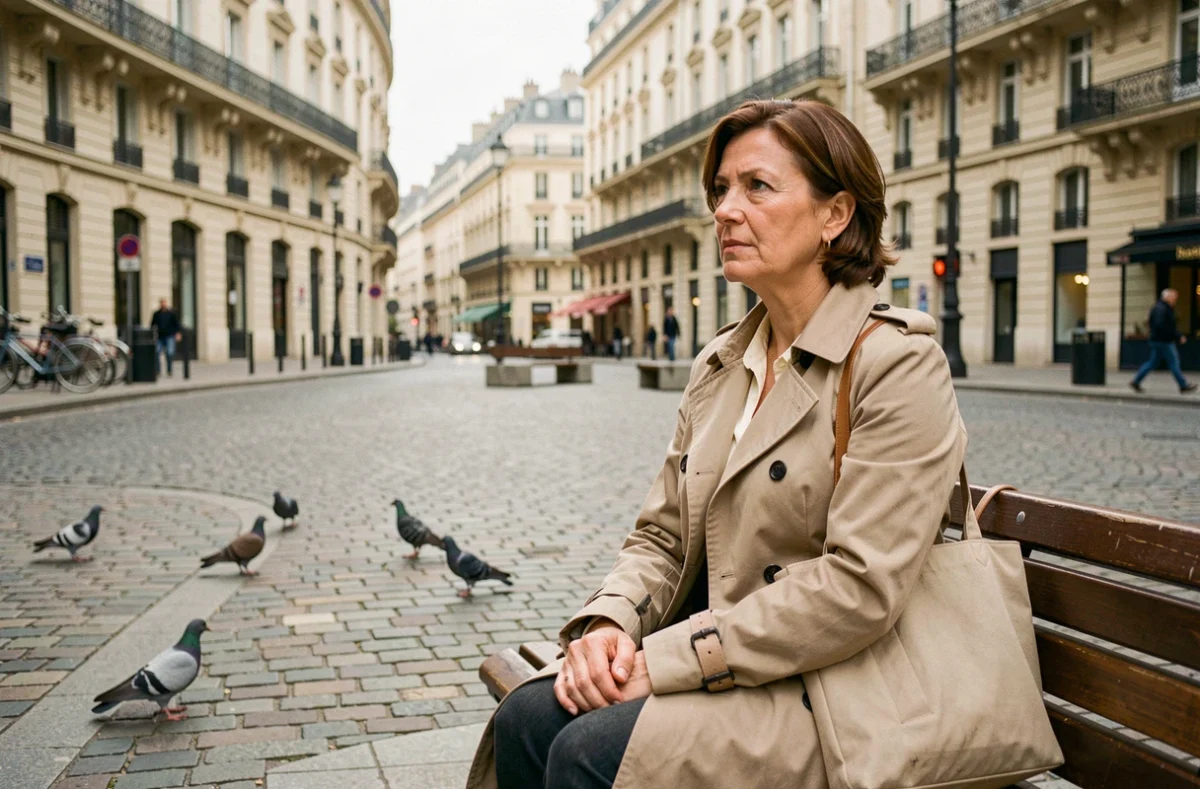 Femme assise sur une place publique du quartier Châtelet Les Halles observant son environnement urbain