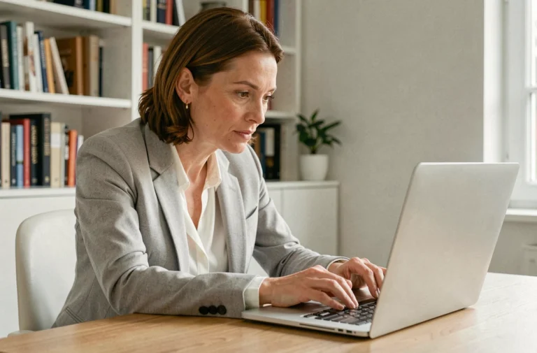 Femme consultant les prix de vente immobiliers sur un ordinateur portable dans un bureau à domicile