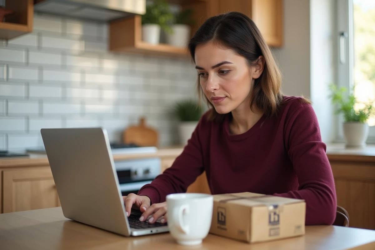 Woman using online chat to contact Mondial Relay after receiving a damaged package
