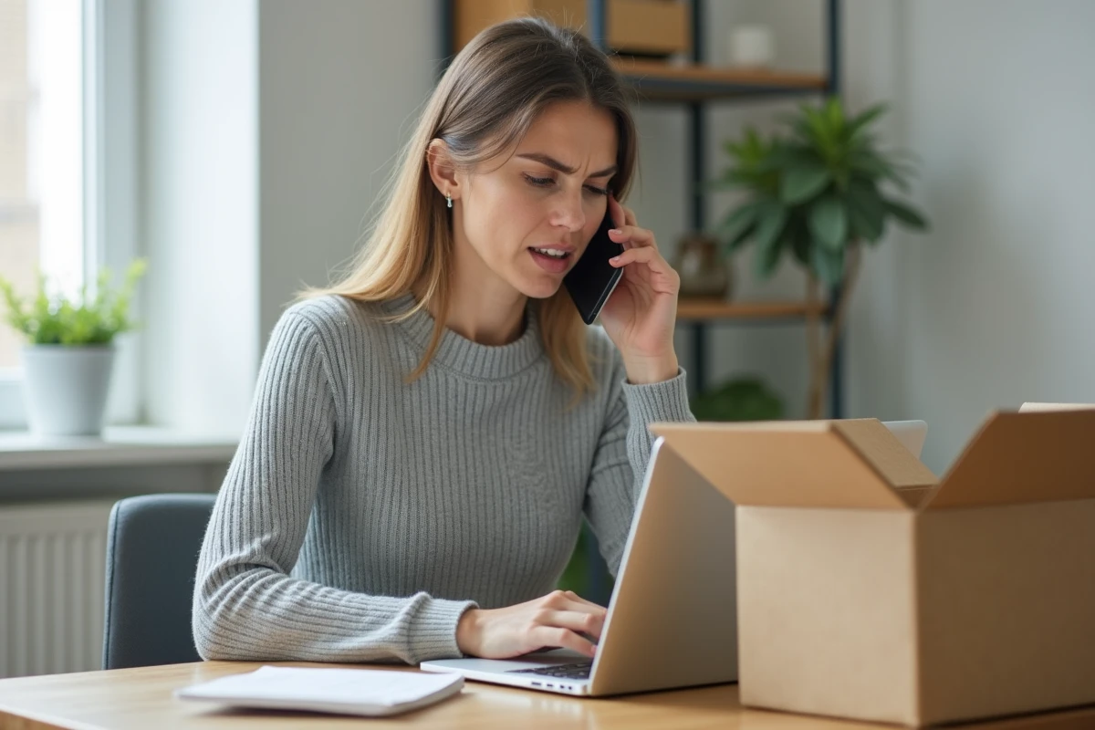 Femme contactant le service client Mondial Relay par téléphone pour un problème de colis livré