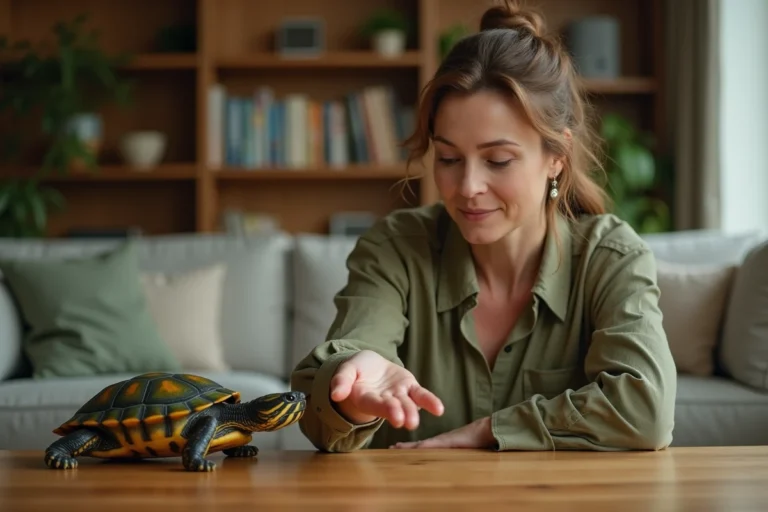 Femme tendant la main vers une tortue à oreilles rouges sur une table en bois, illustrant le lien affectif entre une tortue et son maître