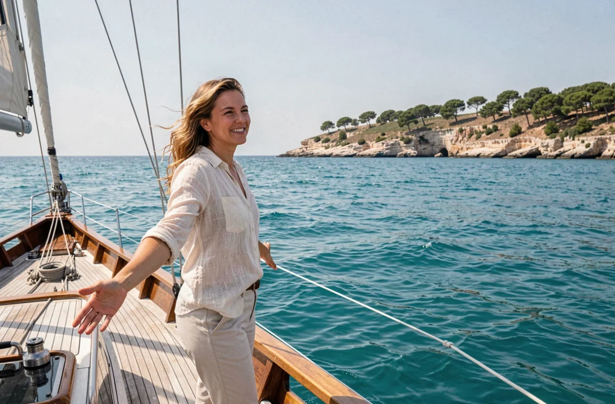 Femme debout à la proue d'un voilier en bois face à la mer Méditerranée turquoise lors d'une activité nautique inoubliable