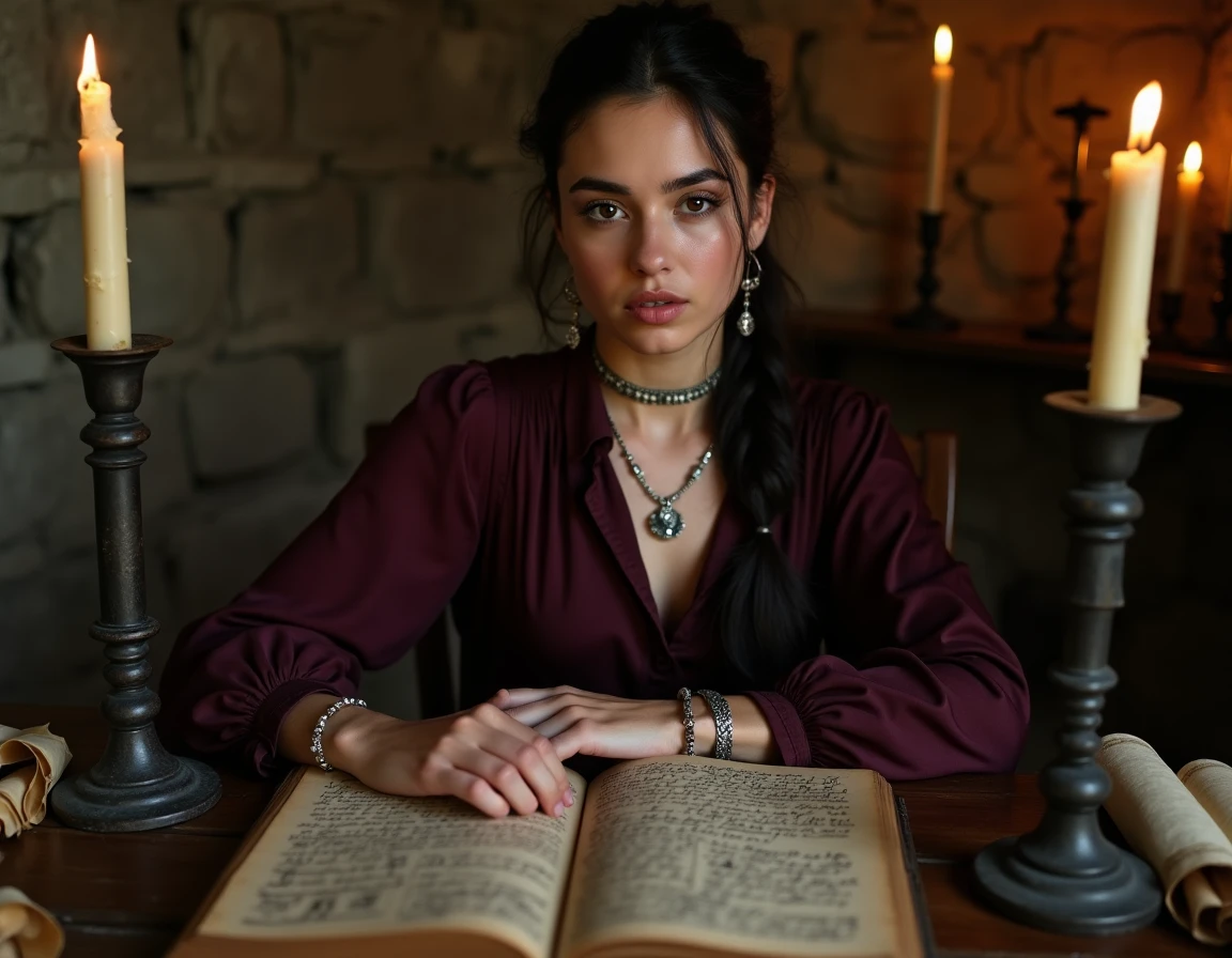 Femme énigmatique étudiant un grimoire ancien dans une cave en pierre avec des symboles gravés et des parchemins épars