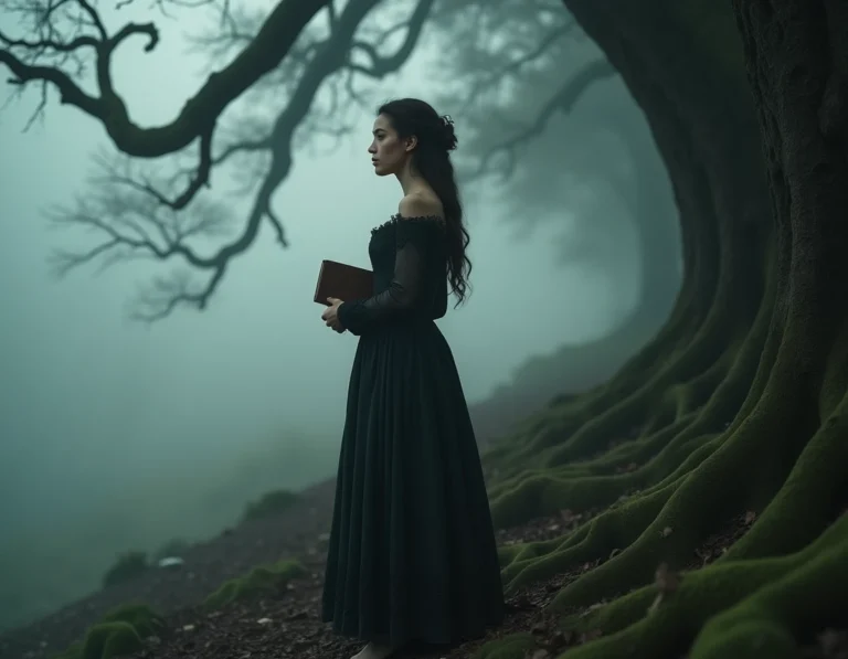 Jeune femme mystérieuse en robe victorienne noire tenant un vieux livre au bord d'une forêt ancienne enveloppée de brouillard
