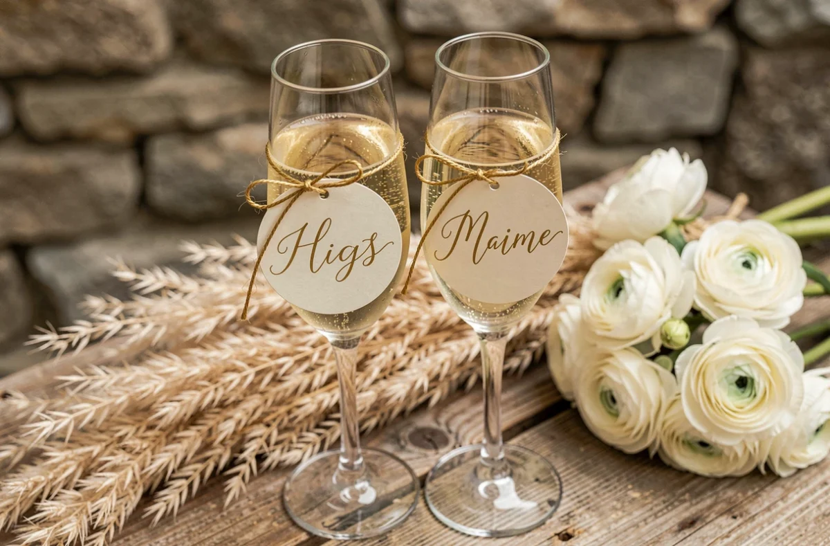 Flûtes à champagne personnalisées avec calligraphie et décoration florale pour un mariage champêtre