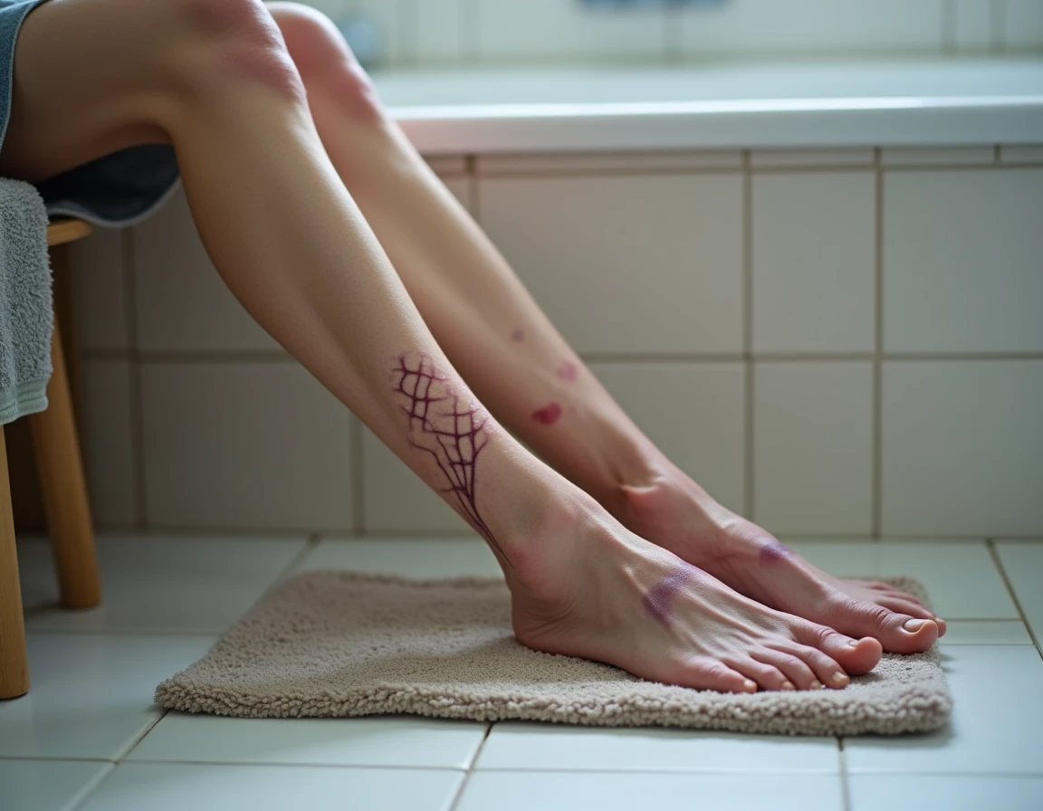 Gros plan sur les jambes marbrées d'une personne âgée avec réseau vasculaire visible