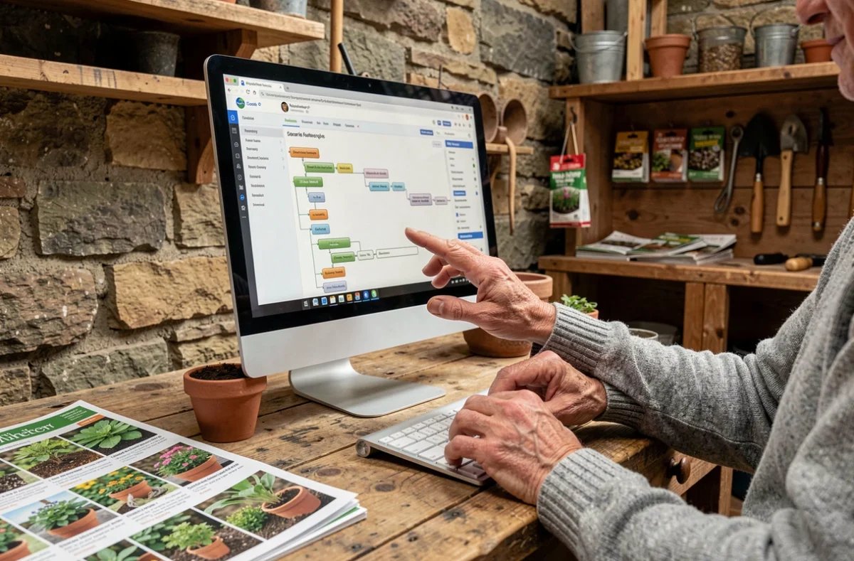 Gros plan sur des mains naviguant sur le plan du site Bois et Jardin 42 depuis un bureau en bois dans un atelier de jardin