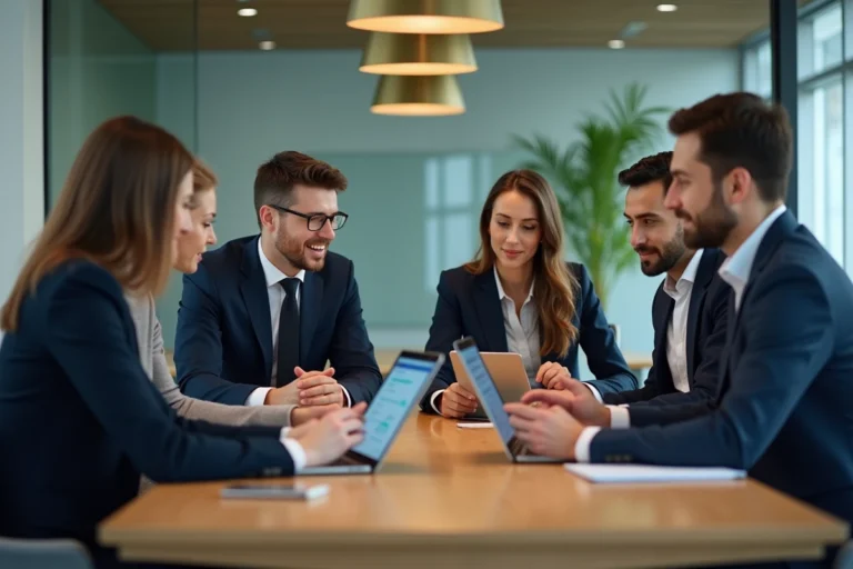 Groupe de professionnels en réunion dans un bureau moderne