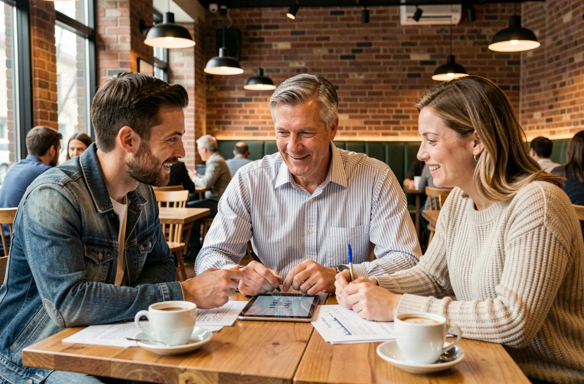 Groupe de professionnels collaborant autour de ressources numériques et de stratégies de réseau professionnel dans un café moderne