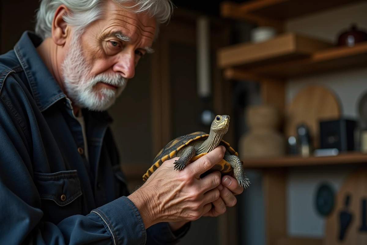 Portrait d'un homme âgé tenant une tortue grecque à hauteur des yeux, explorant la capacité des tortues à reconnaître leur propriétaire