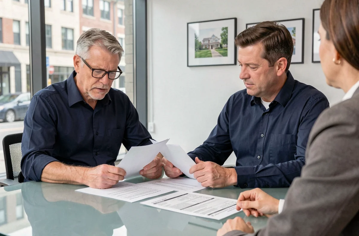 Homme discutant du prix de vente d'une propriété avec un agent immobilier dans une agence moderne
