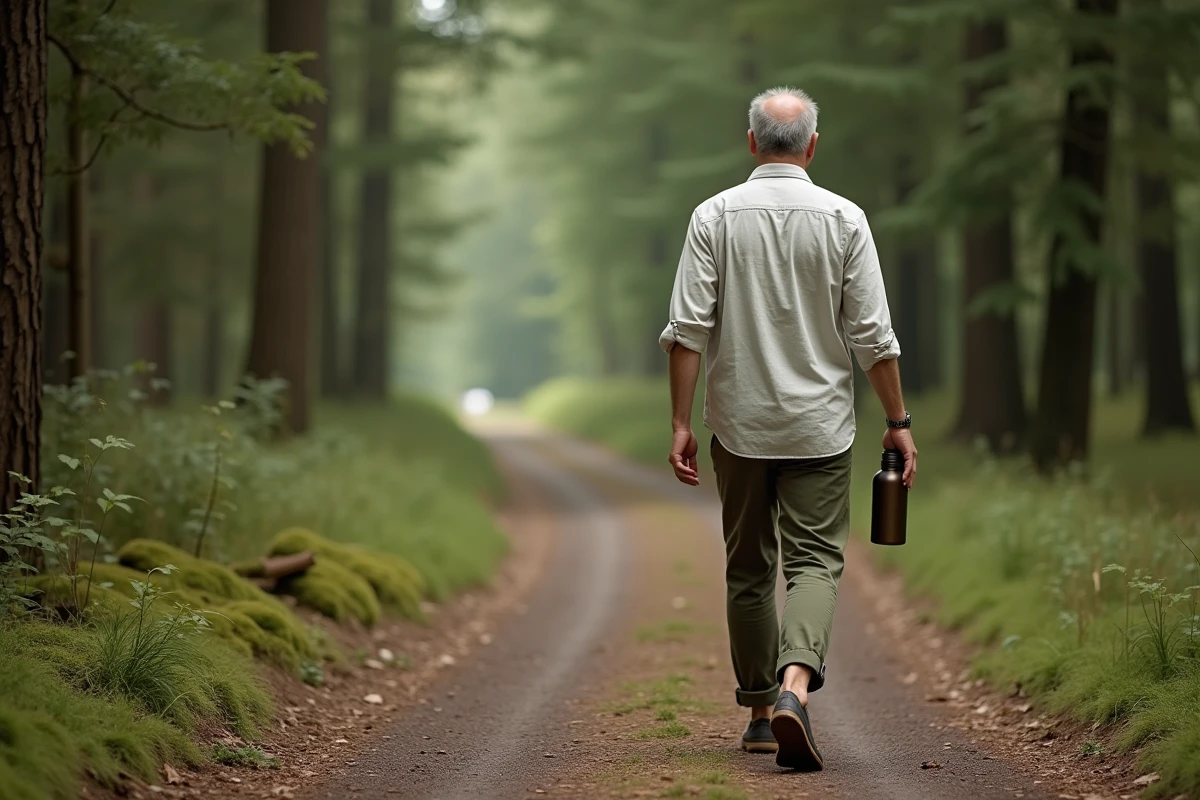 Homme marchant dans la forêt avec bouteille d