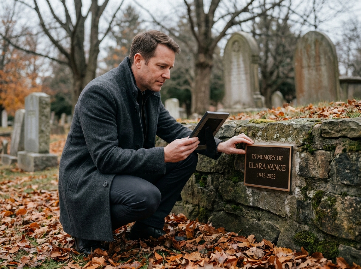Homme agenouillé dans un cimetière comparant une photographie et une plaque funéraire en pierre lors du choix d'un monument